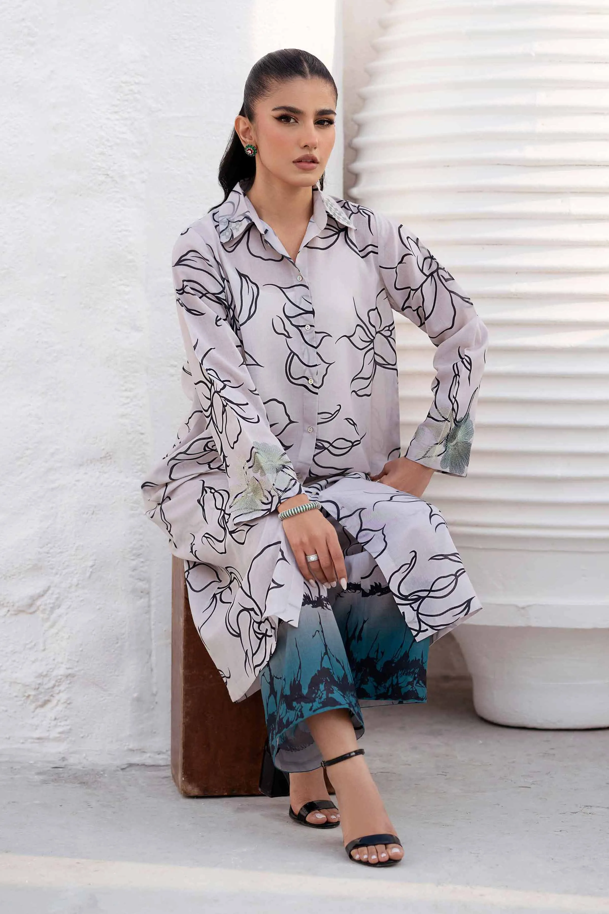 2 Piece - Printed Embroidered Suit - KPS25-08