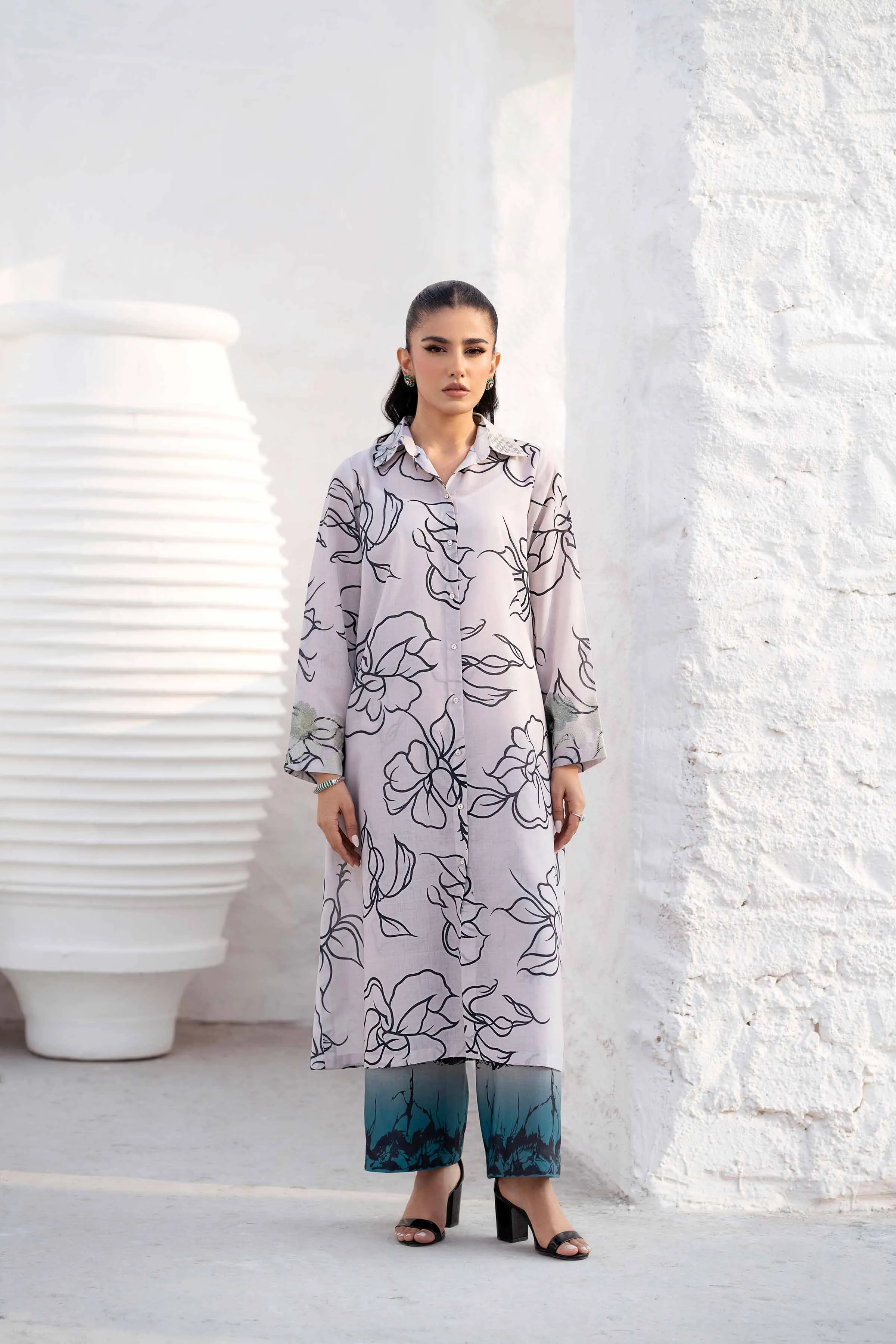 2 Piece - Printed Embroidered Suit - KPS25-08
