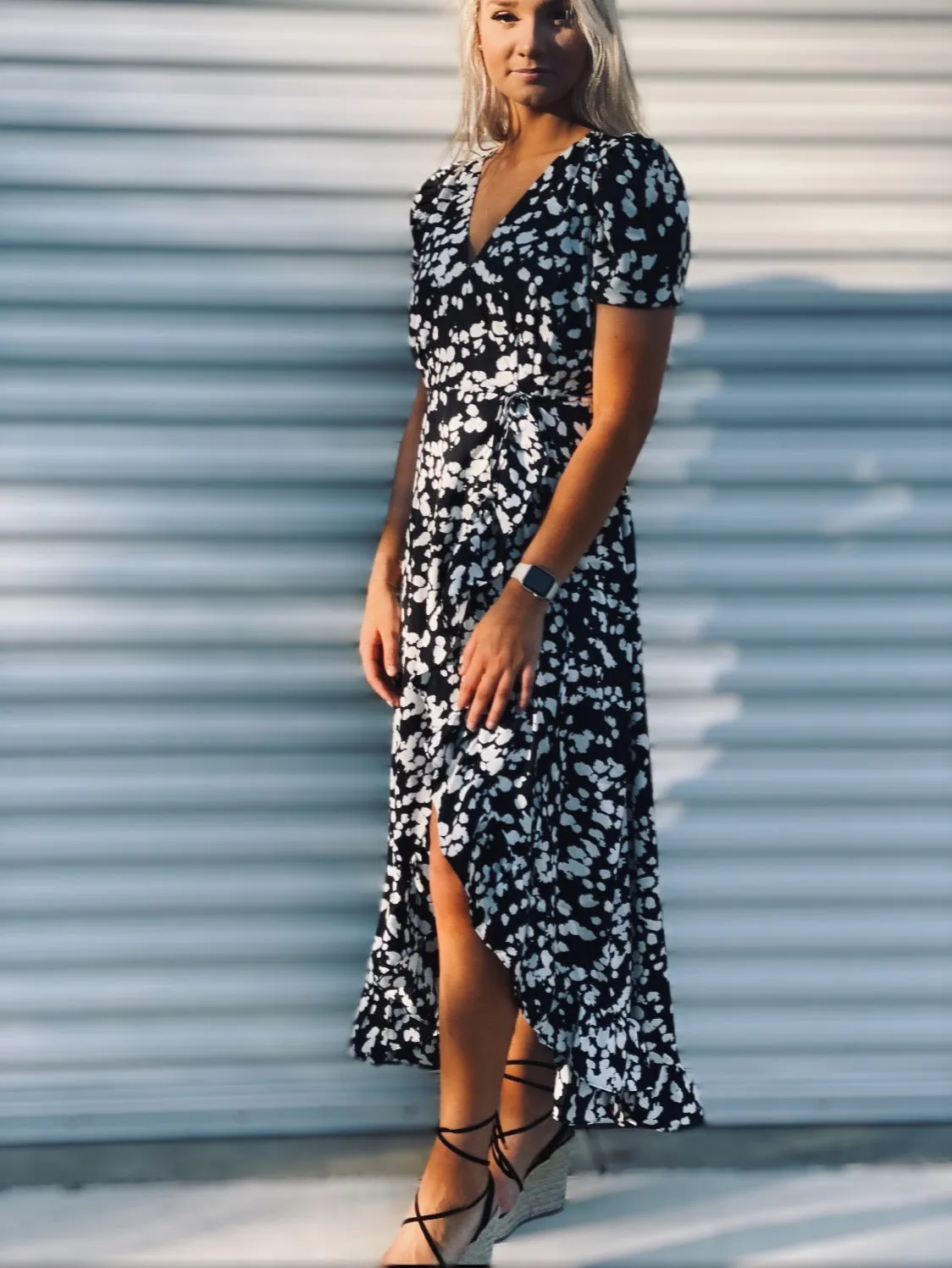 Abelia Splatter Hi Low Wrap Dress