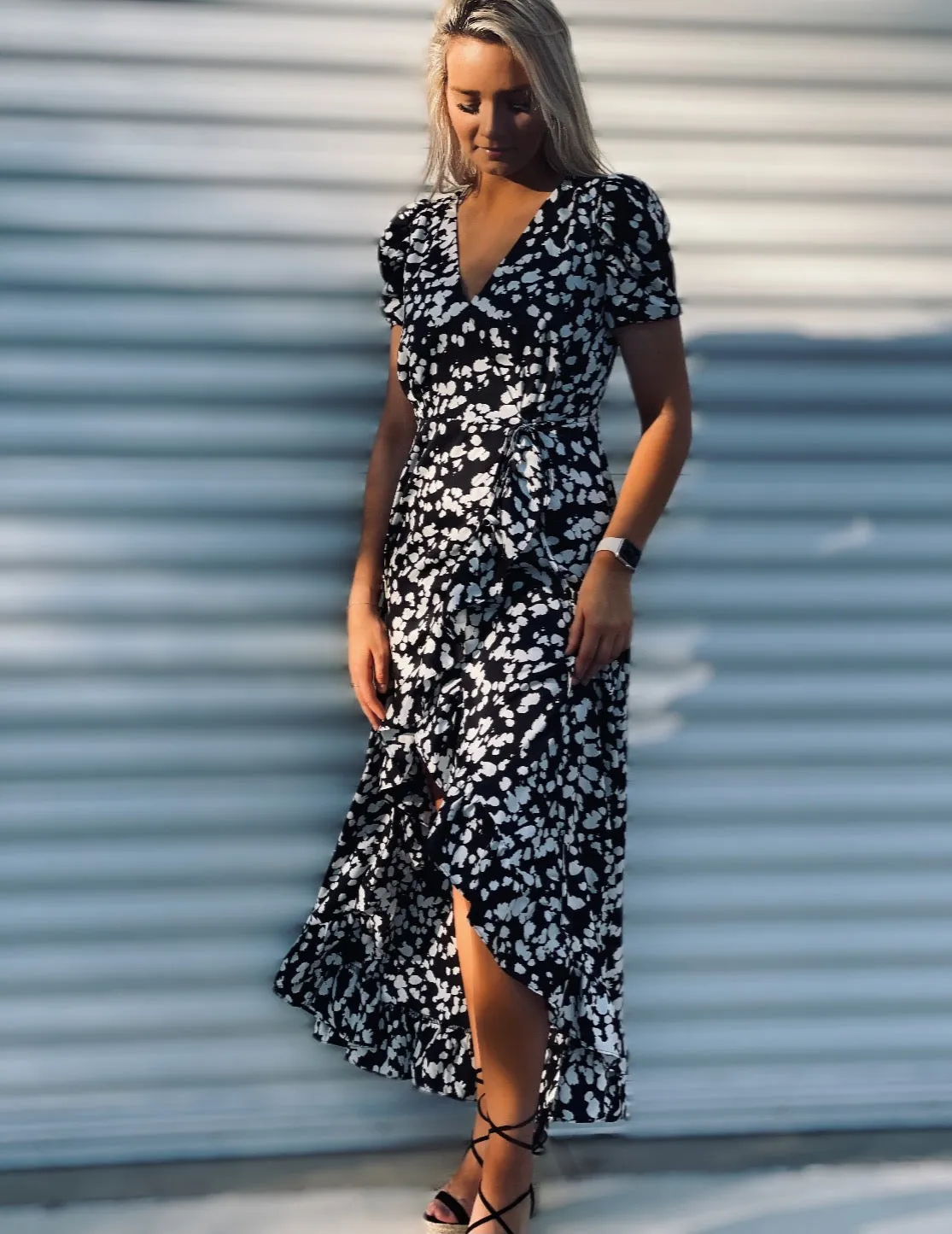 Abelia Splatter Hi Low Wrap Dress