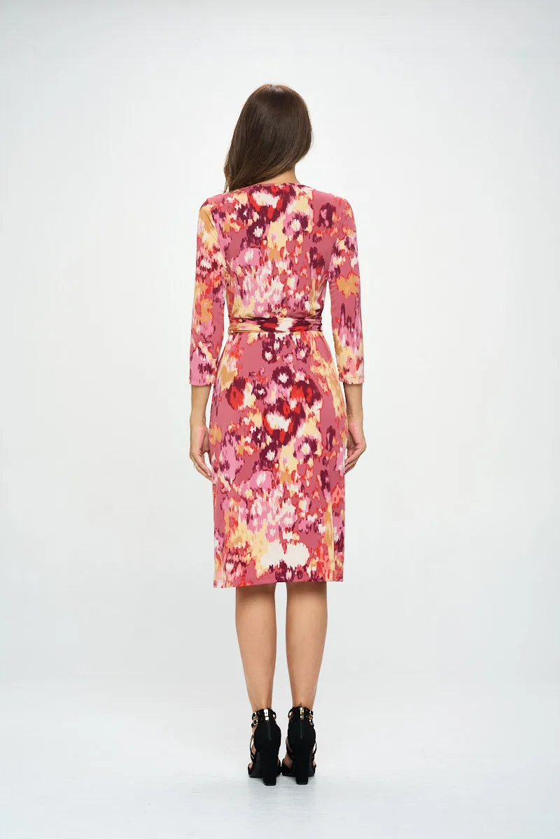 Abstract Print V neck Jersey Wrap Dress with Tie