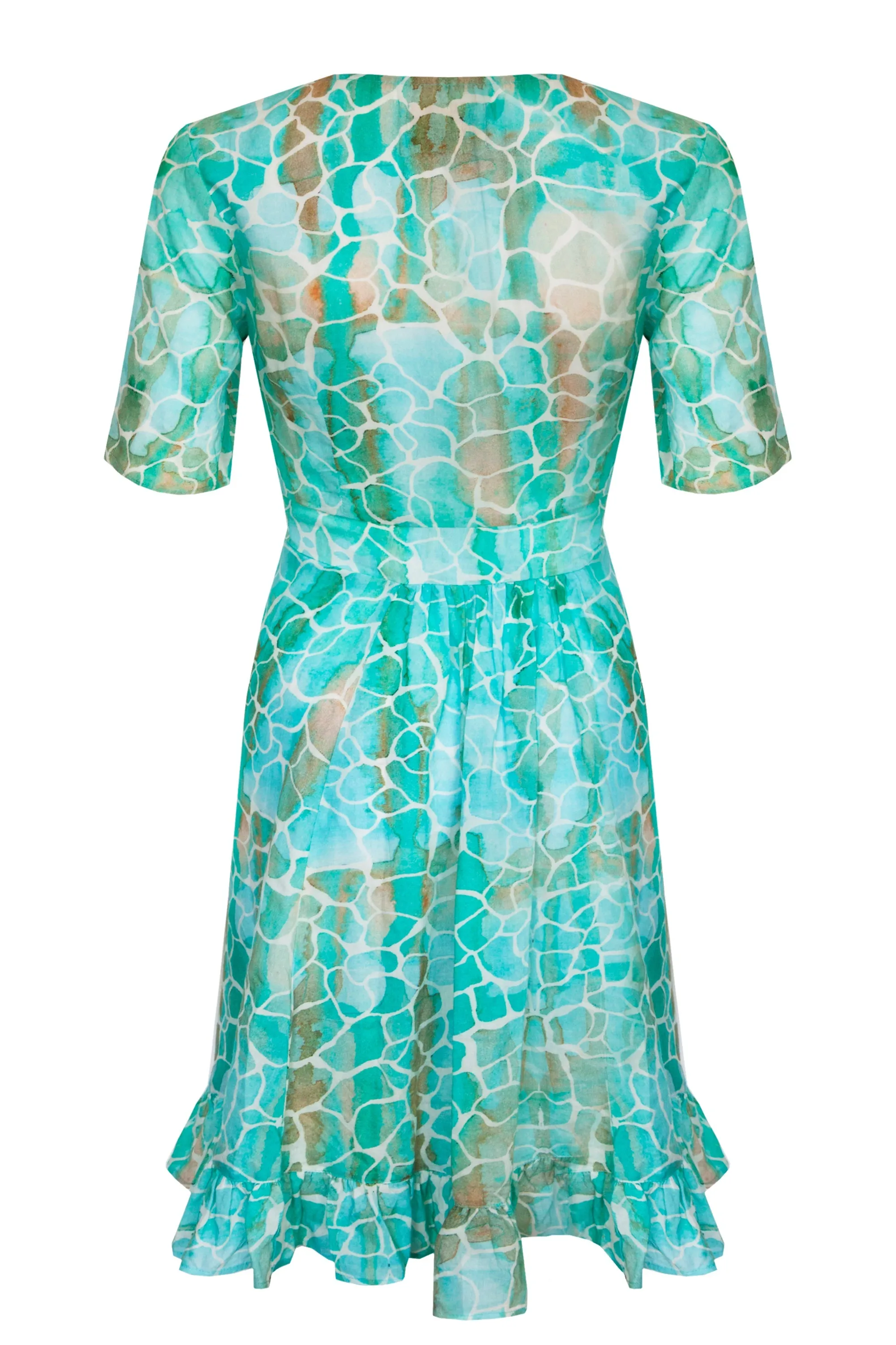 AQUA PEBBLES MINI RUFFLE WRAP DRESS