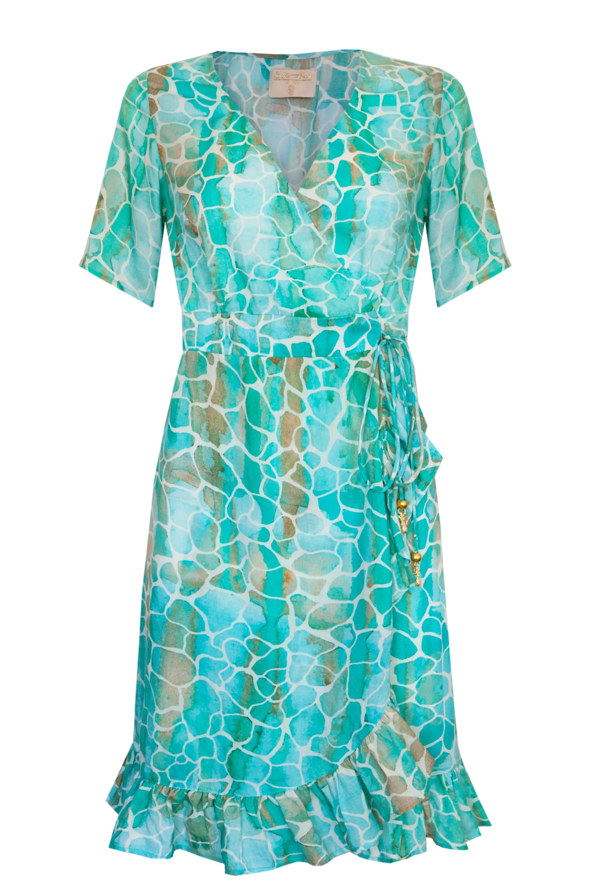 AQUA PEBBLES MINI RUFFLE WRAP DRESS