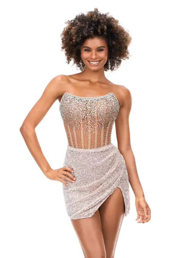 Ashley Lauren 4564 Beaded Cocktail Dress with Exposed Boning Sheer Short Wrap Skirt
