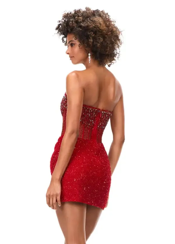 Ashley Lauren 4564 Beaded Cocktail Dress with Exposed Boning Sheer Short Wrap Skirt