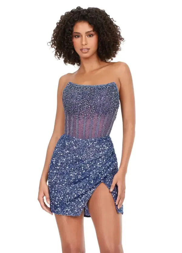 Ashley Lauren 4564 Beaded Cocktail Dress with Exposed Boning Sheer Short Wrap Skirt