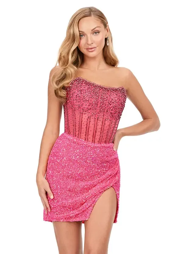 Ashley Lauren 4564 Beaded Cocktail Dress with Exposed Boning Sheer Short Wrap Skirt