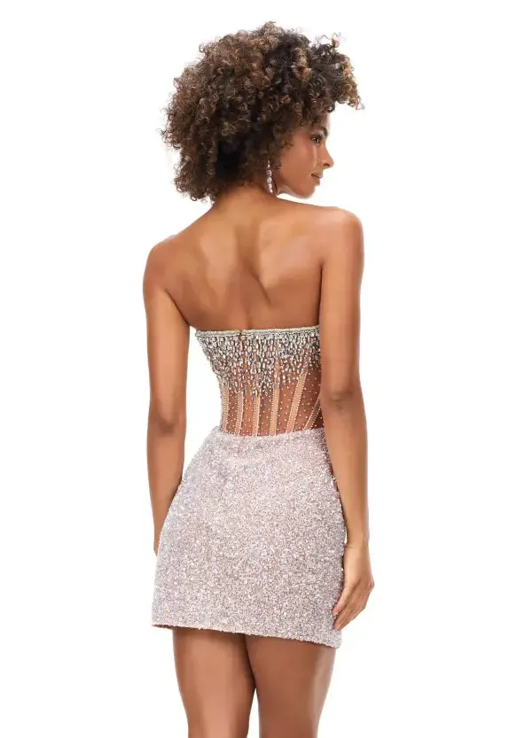 Ashley Lauren 4564 Beaded Cocktail Dress with Exposed Boning Sheer Short Wrap Skirt
