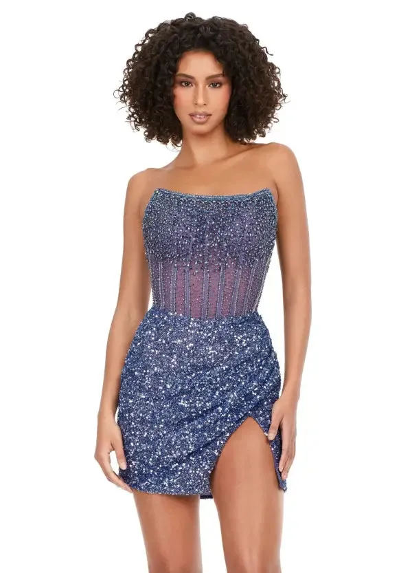Ashley Lauren 4564 Beaded Cocktail Dress with Exposed Boning Sheer Short Wrap Skirt
