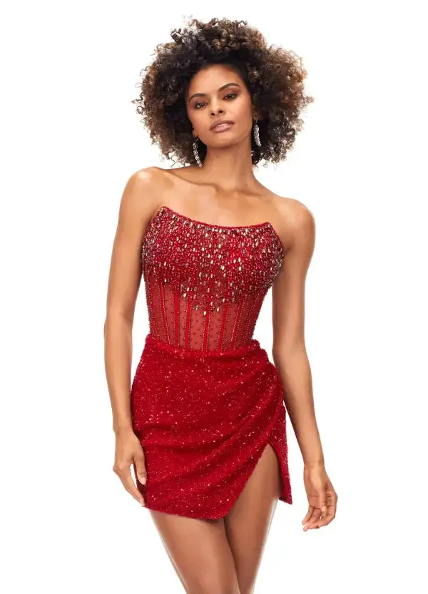 Ashley Lauren 4564 Beaded Cocktail Dress with Exposed Boning Sheer Short Wrap Skirt