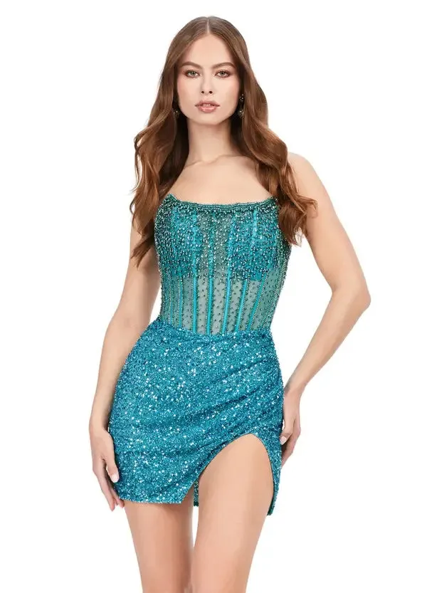 Ashley Lauren 4564 Beaded Cocktail Dress with Exposed Boning Sheer Short Wrap Skirt