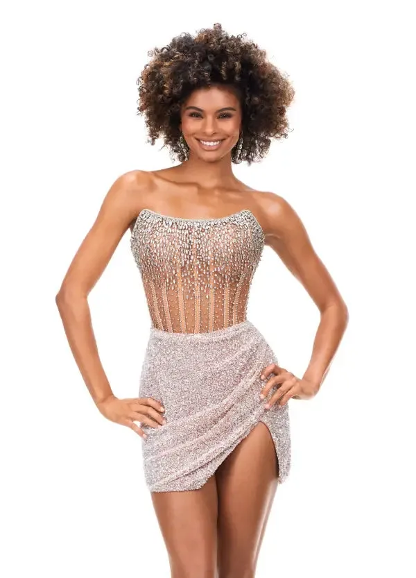 Ashley Lauren 4564 Beaded Cocktail Dress with Exposed Boning Sheer Short Wrap Skirt
