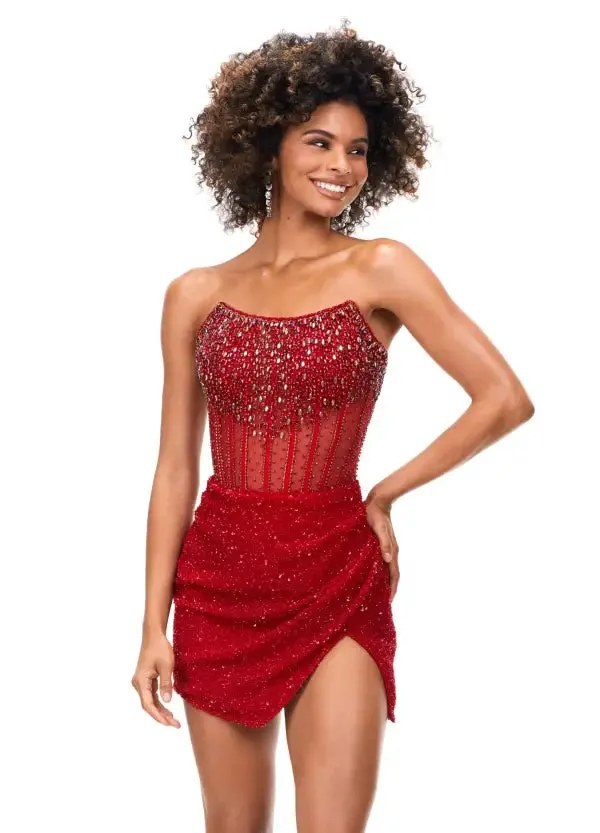 Ashley Lauren 4564 Beaded Cocktail Dress with Exposed Boning Sheer Short Wrap Skirt