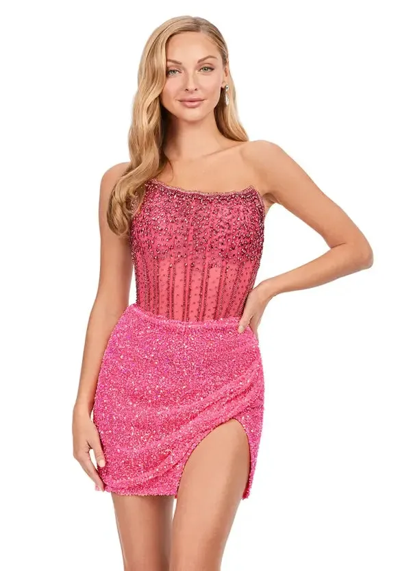 Ashley Lauren 4564 Beaded Cocktail Dress with Exposed Boning Sheer Short Wrap Skirt