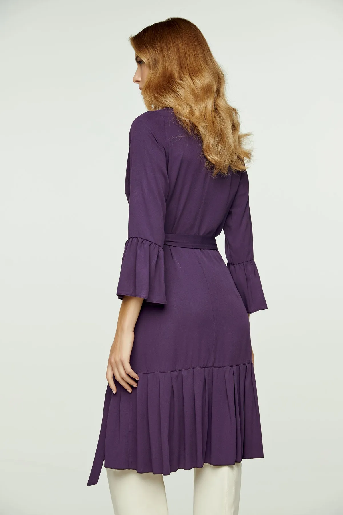 Aubergine Blue Wrap Dress Viscose with bell sleeves.