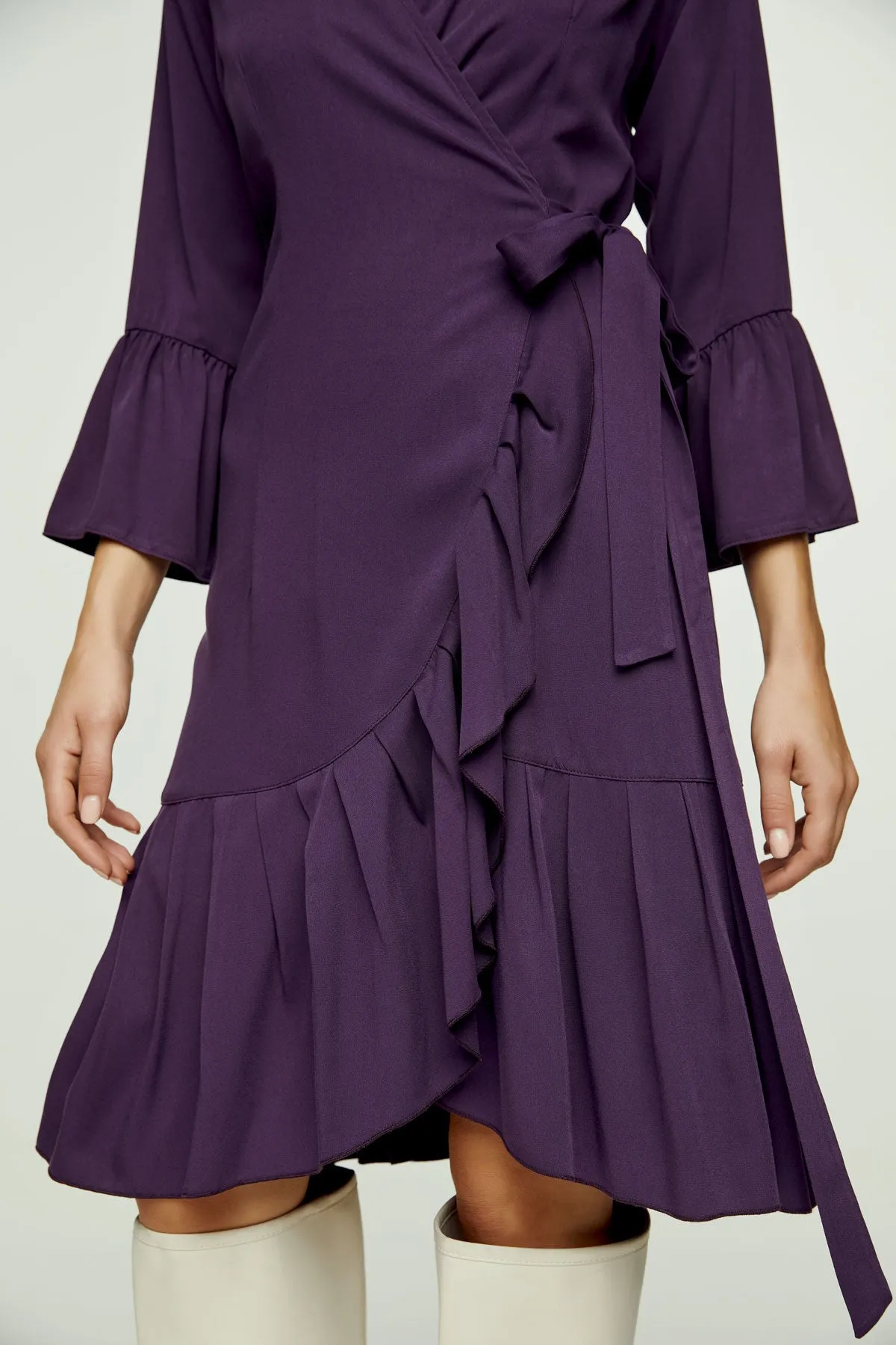 Aubergine Blue Wrap Dress Viscose with bell sleeves.