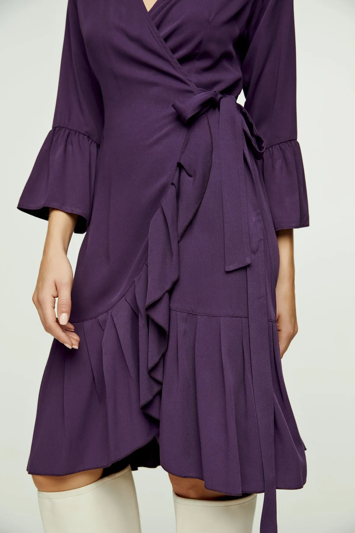 Aubergine Blue Wrap Dress Viscose with bell sleeves.