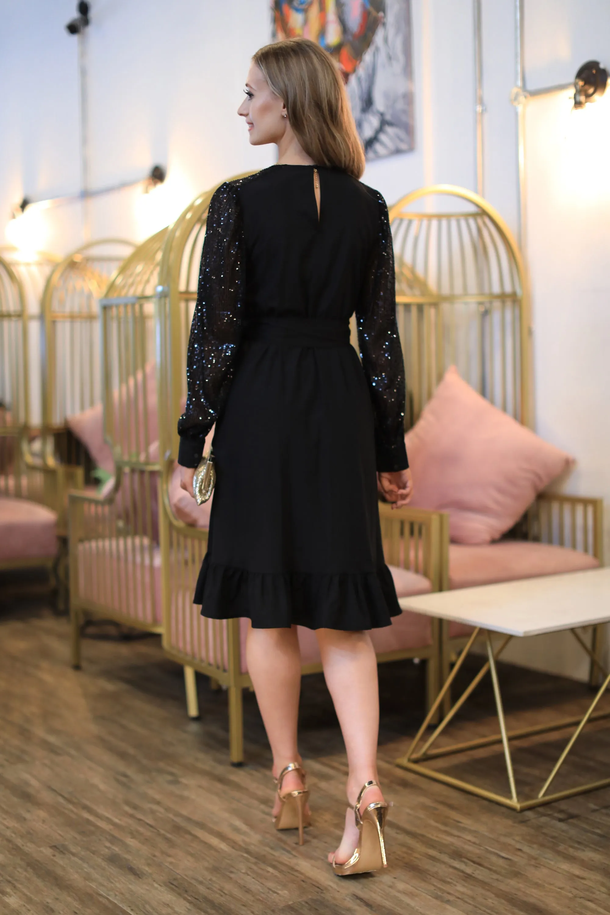 Black Wrap Dress With Sequin Sleeves by Double Second