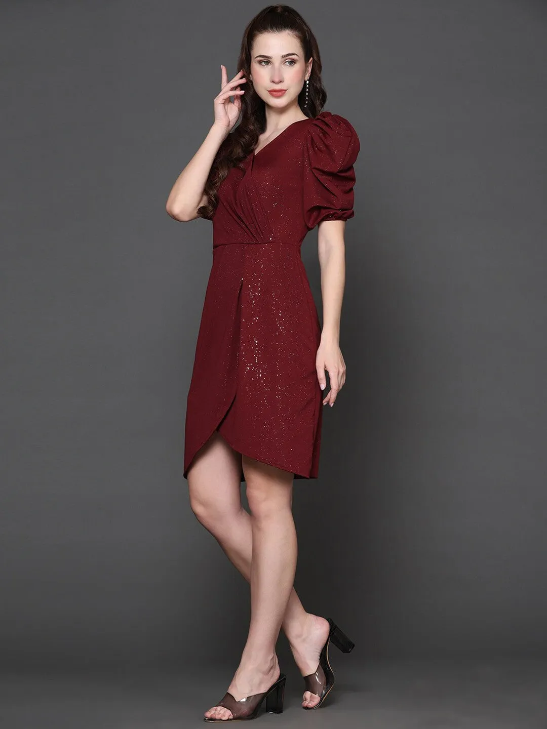 Chic Maroon Embellished Wrap Dress