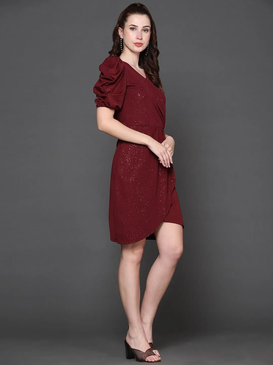 Chic Maroon Embellished Wrap Dress