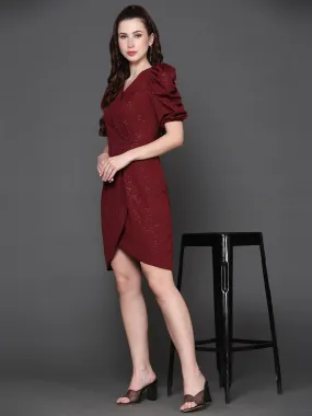 Chic Maroon Embellished Wrap Dress