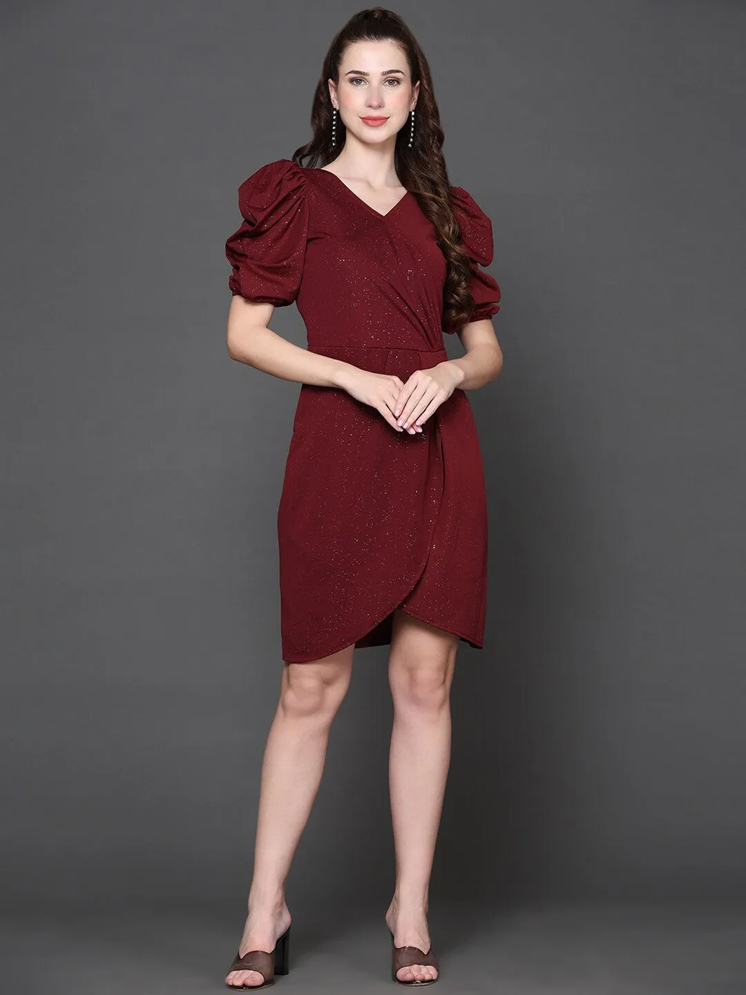 Chic Maroon Embellished Wrap Dress