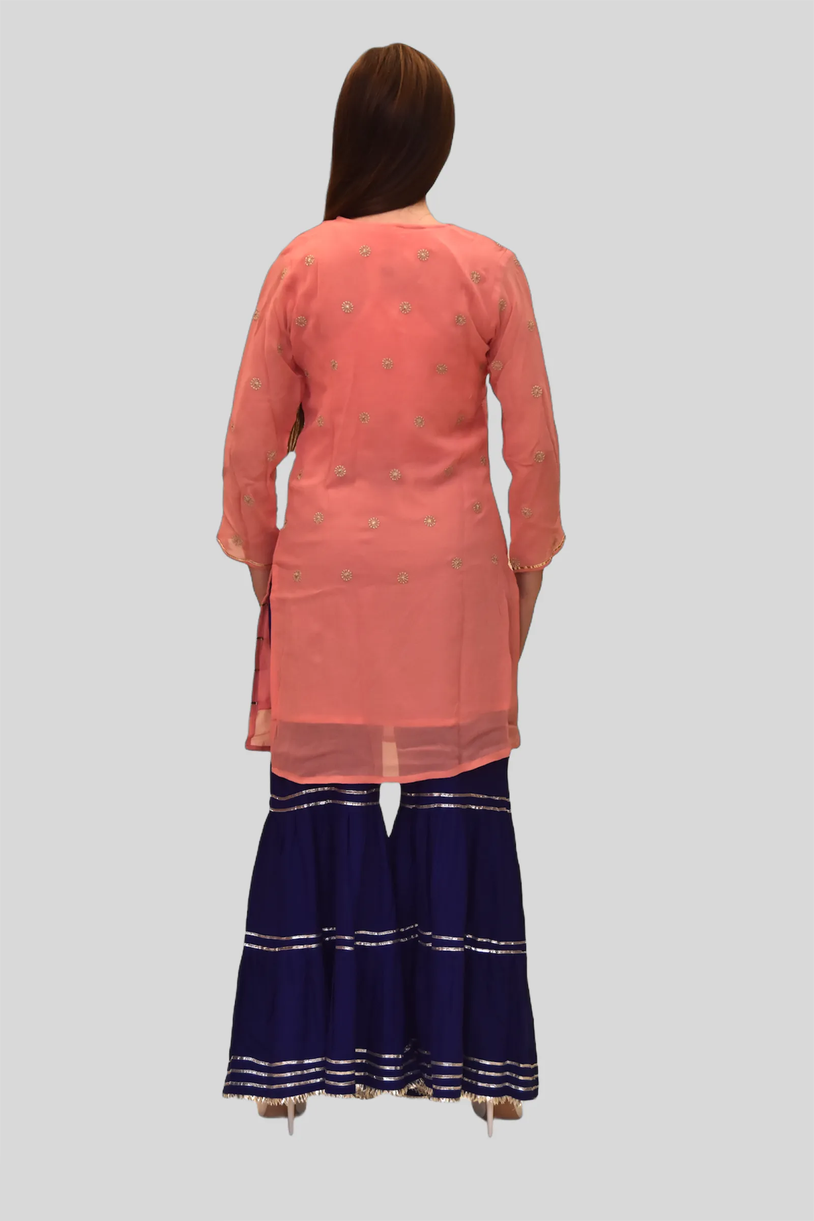 Chiffon Cotton Two Toned Salmon Pink Striped With Embroidered Kurti
