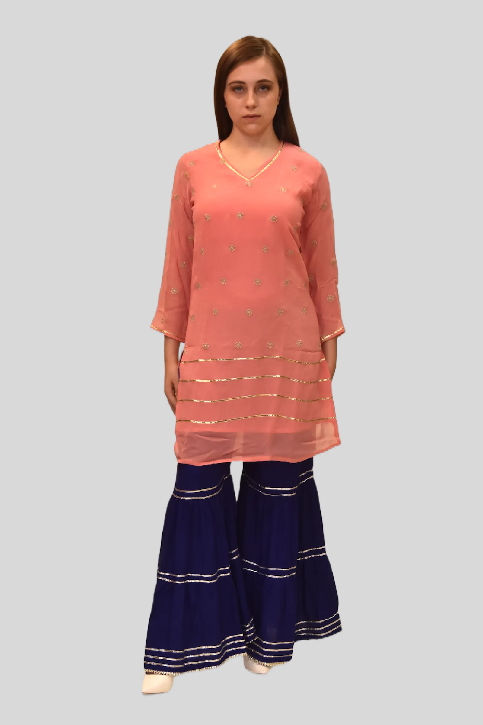 Chiffon Cotton Two Toned Salmon Pink Striped With Embroidered Kurti