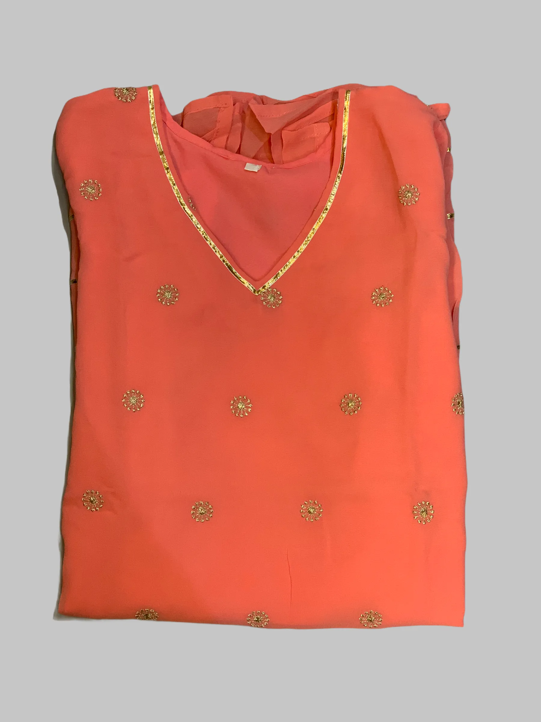 Chiffon Cotton Two Toned Salmon Pink Striped With Embroidered Kurti