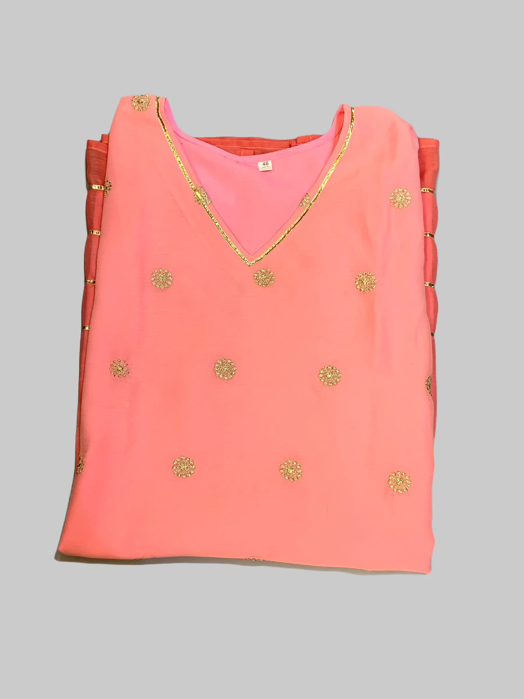 Chiffon Cotton Two Toned Salmon Pink Striped With Embroidered Kurti