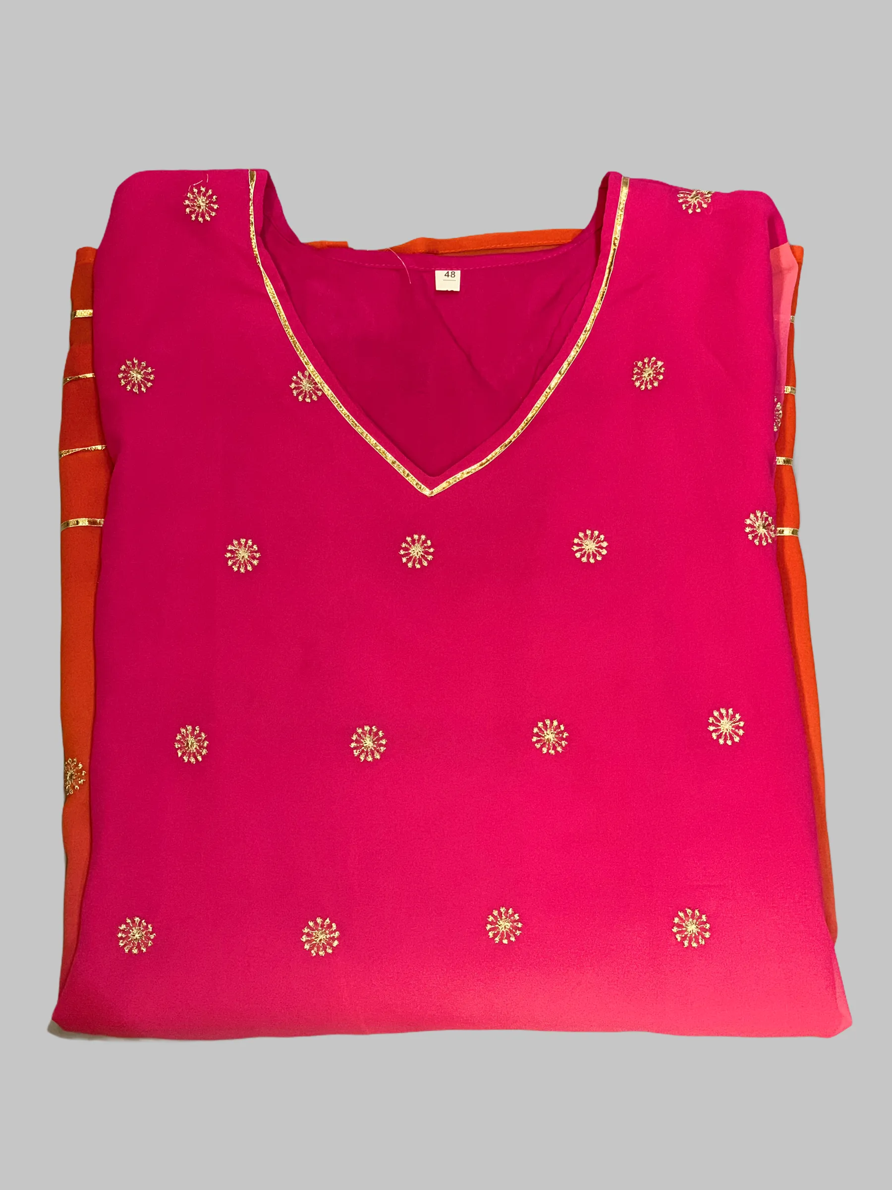 Chiffon Cotton Two Toned Salmon Pink Striped With Embroidered Kurti