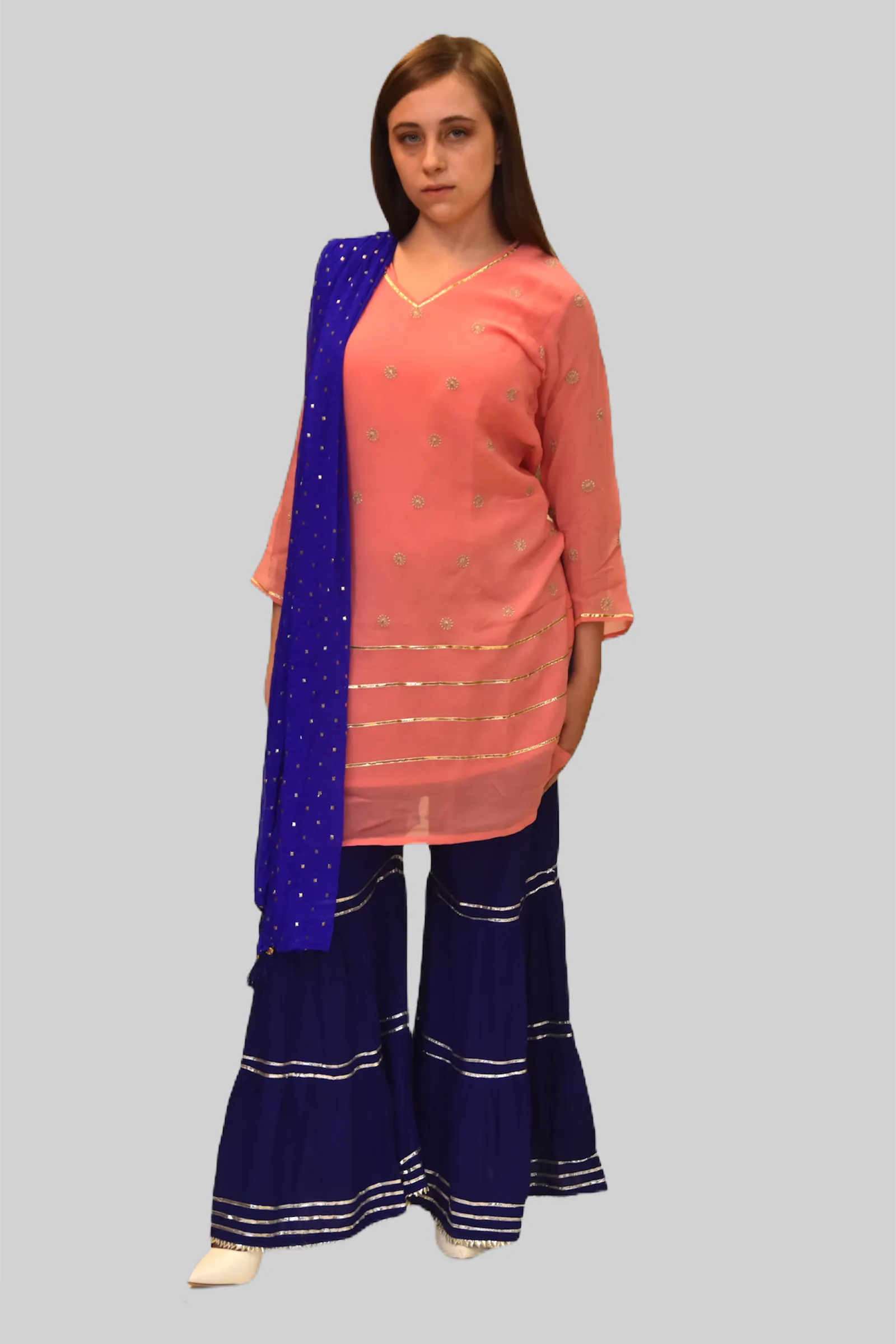 Chiffon Cotton Two Toned Salmon Pink Striped With Embroidered Kurti