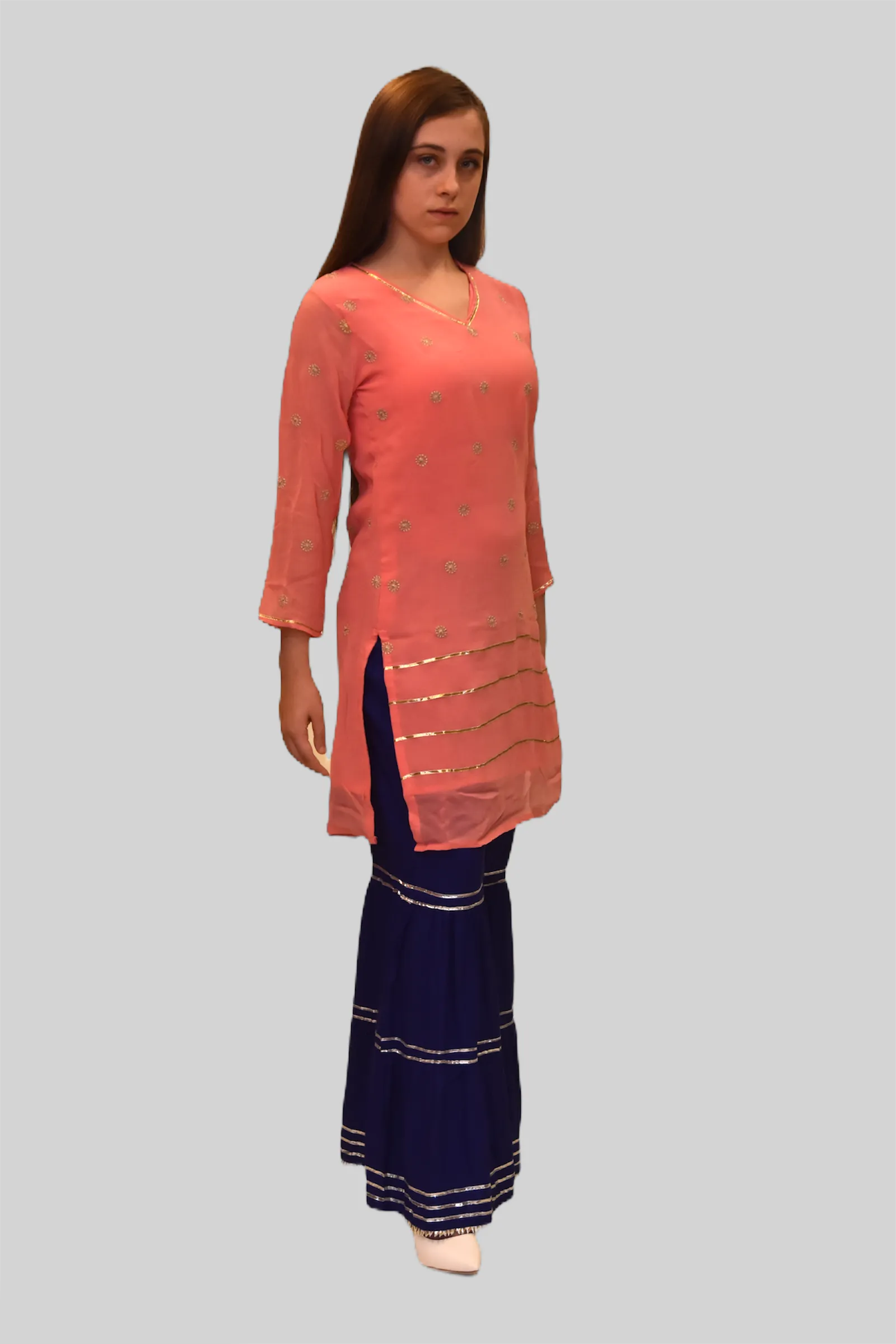 Chiffon Cotton Two Toned Salmon Pink Striped With Embroidered Kurti