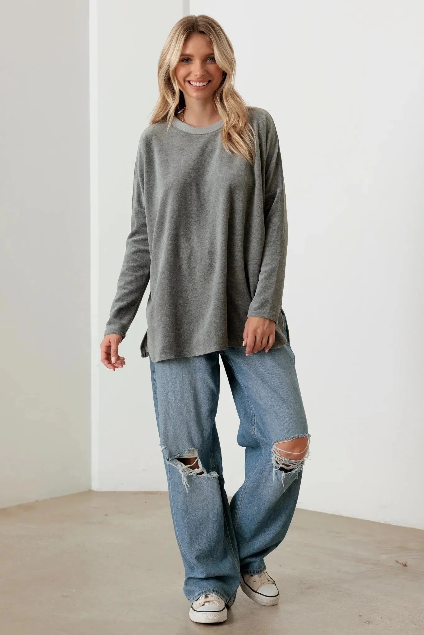 Cotton Blend Velour Long Sleeve Sweatshirt