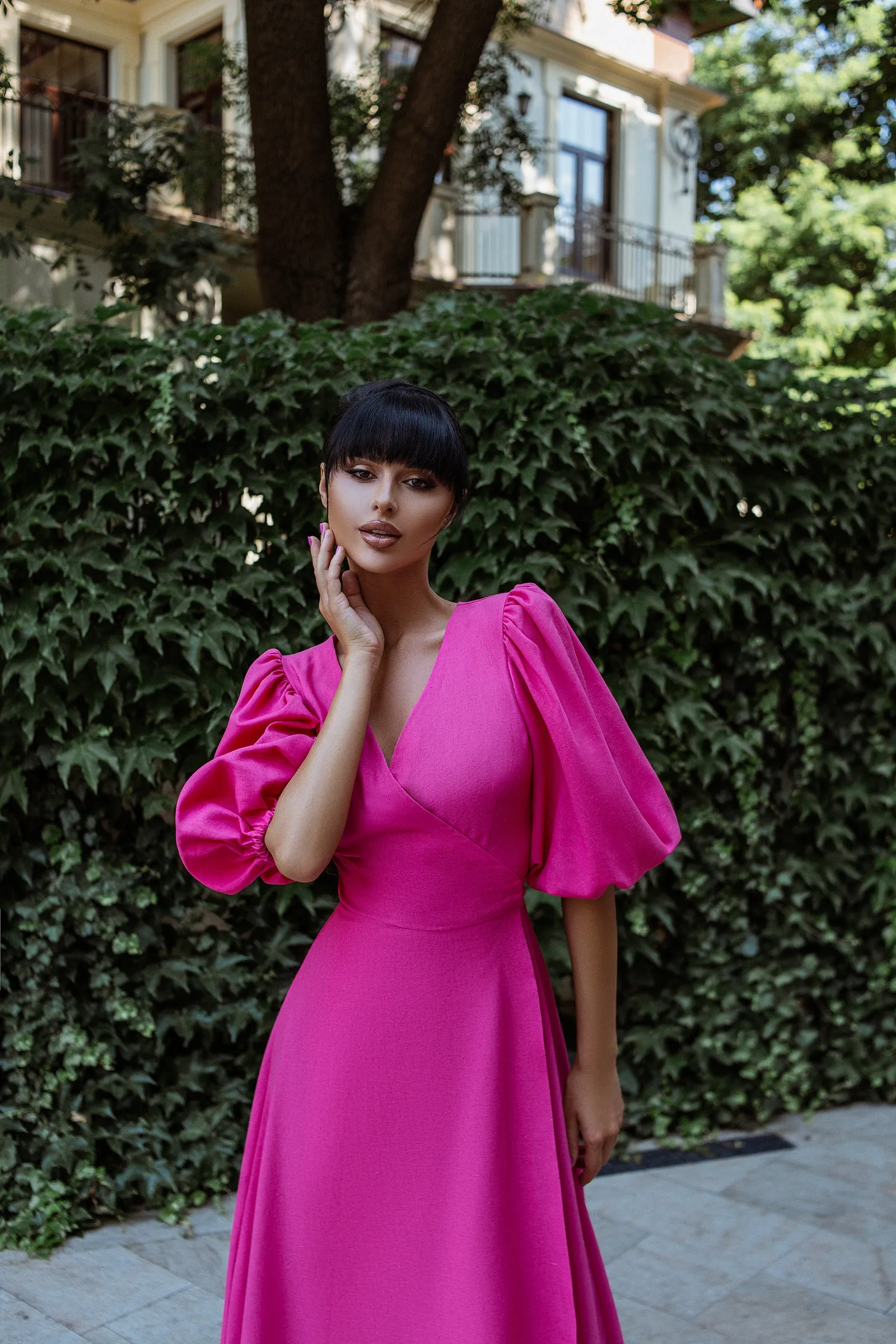 Crimson Puff-Sleeve Wrap Midi Dress