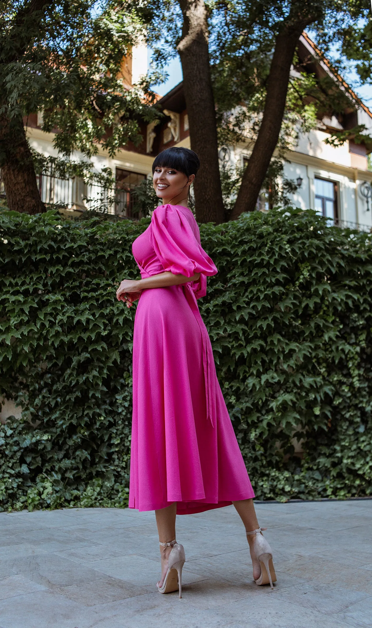 Crimson Puff-Sleeve Wrap Midi Dress