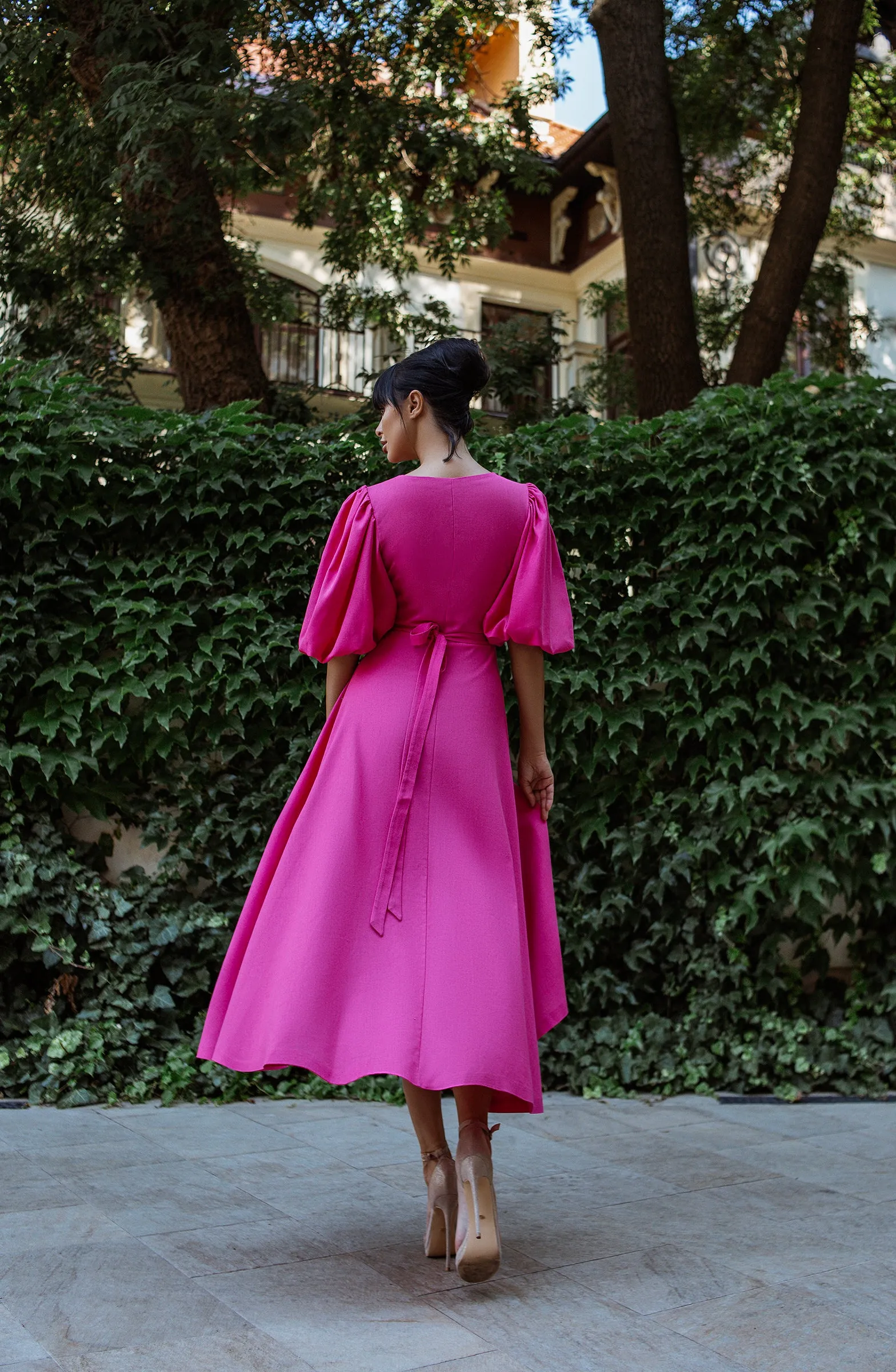 Crimson Puff-Sleeve Wrap Midi Dress
