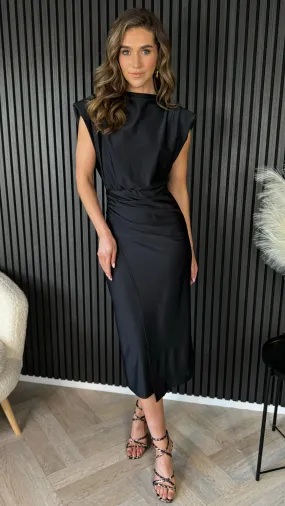 Doreen Black High Neck Wrap Style Midi Dress