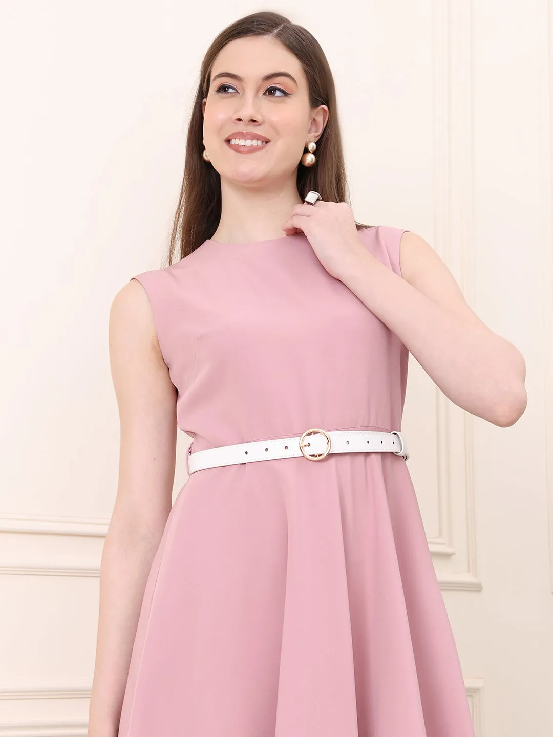 Exude Warmth Fit & Flare Dress with Belt (Blush Pink)