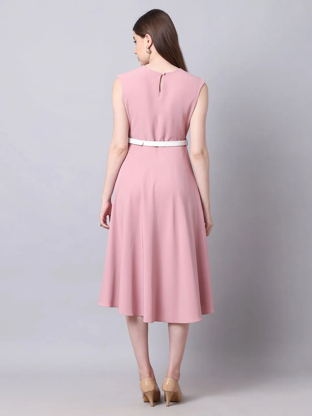Exude Warmth Fit & Flare Dress with Belt (Blush Pink)