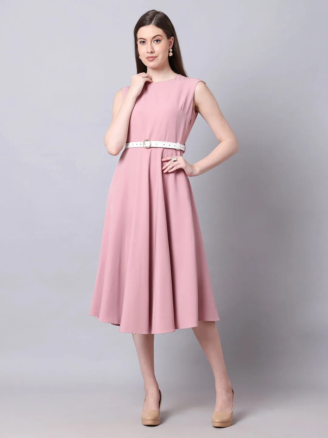Exude Warmth Fit & Flare Dress with Belt (Blush Pink)