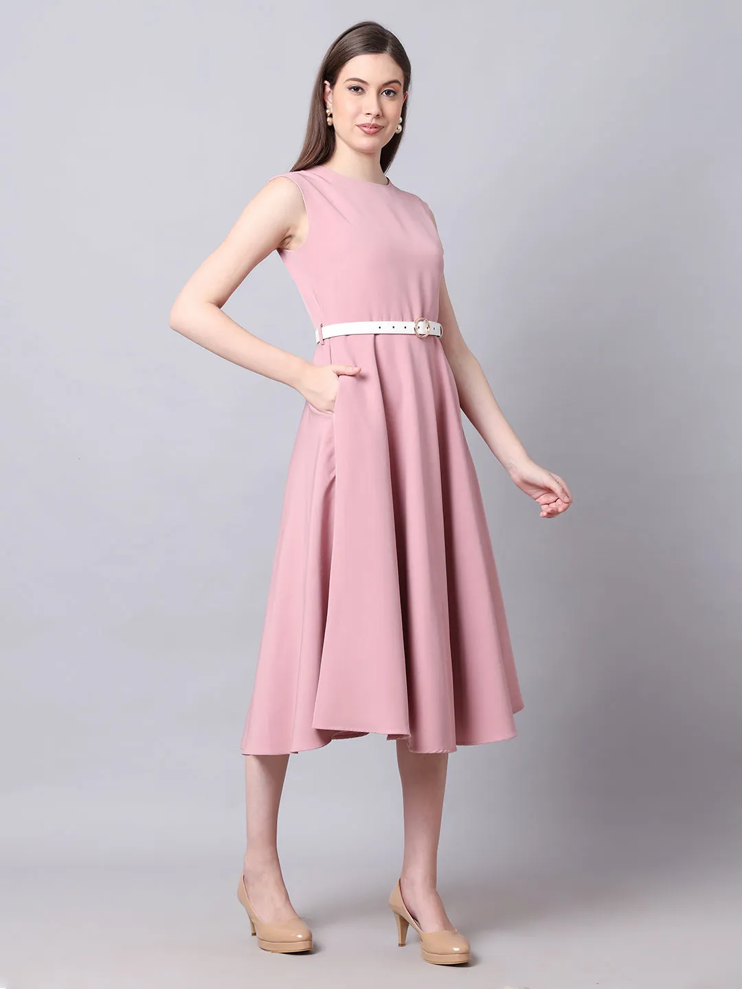 Exude Warmth Fit & Flare Dress with Belt (Blush Pink)