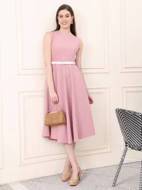 Exude Warmth Fit & Flare Dress with Belt (Blush Pink)