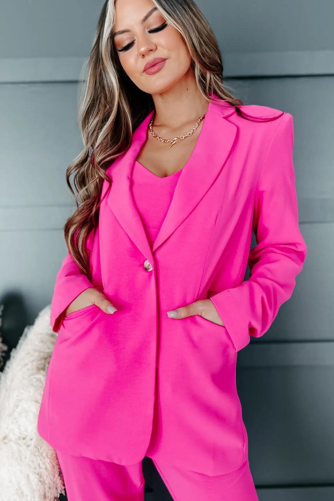 Feeling Bossy Three-Piece Blazer Set (Fuchsia)