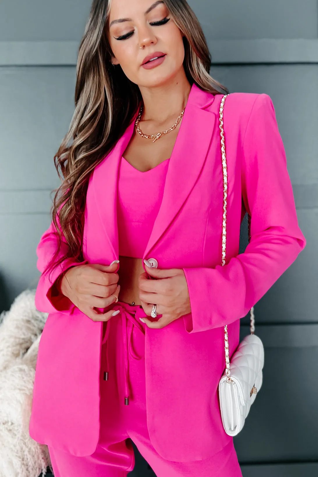Feeling Bossy Three-Piece Blazer Set (Fuchsia)