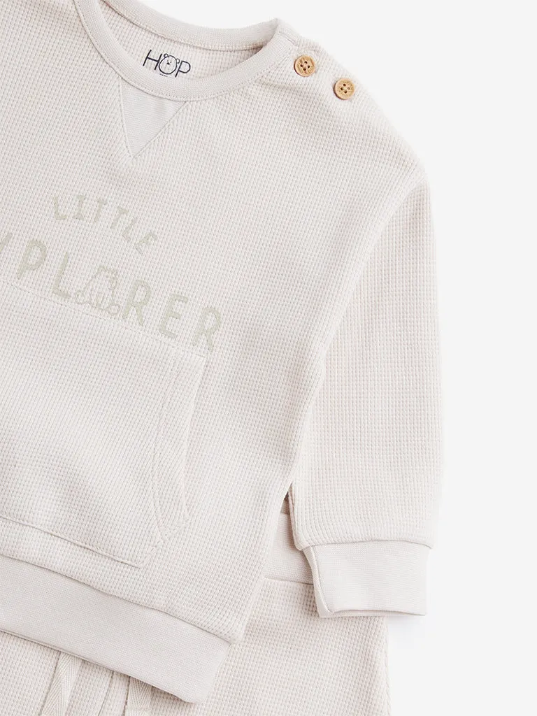 HOP Baby Beige Text Design Cotton Blend Sweatshirt with Pants Set