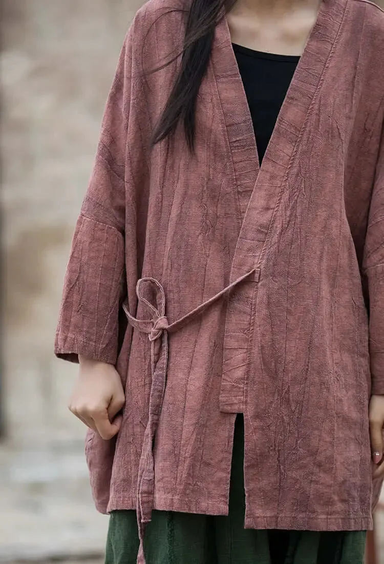 Ladies' Linen Breast-Tie Summer Coat With Asymmetrical Cut