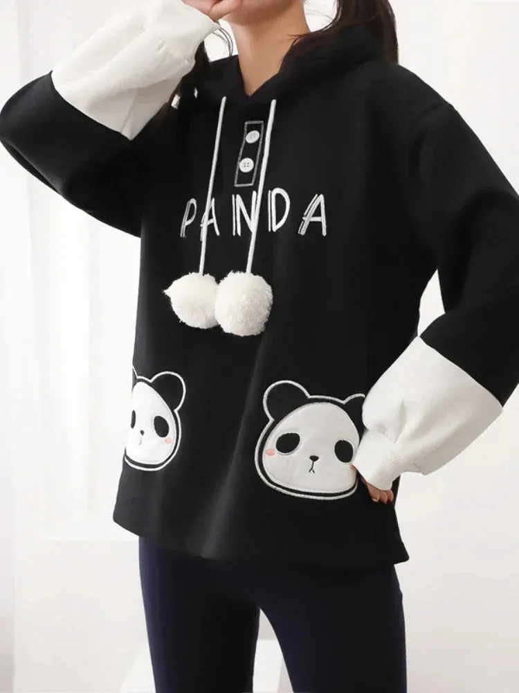 Metaversmall Kawaii Panda Embroidery Women Hoodies Chic Drawstring Harajuku Hooded Sweatshirts Winter Long Sleeve Female Sweet Tops