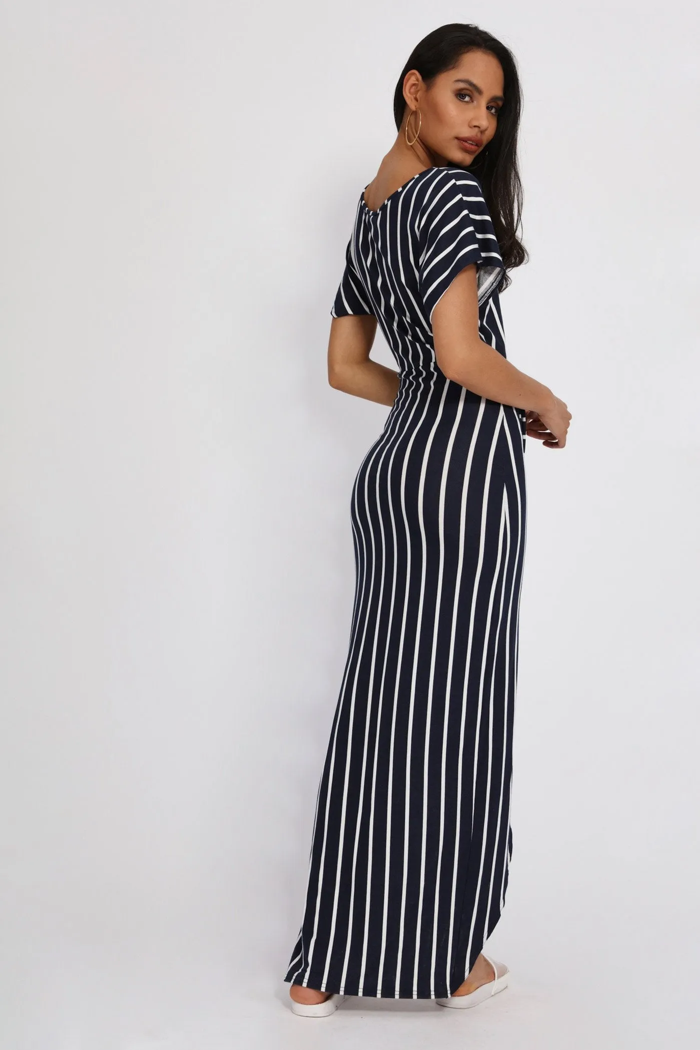 Navy Tie Wrap Loose Shoulder Maxi Dress