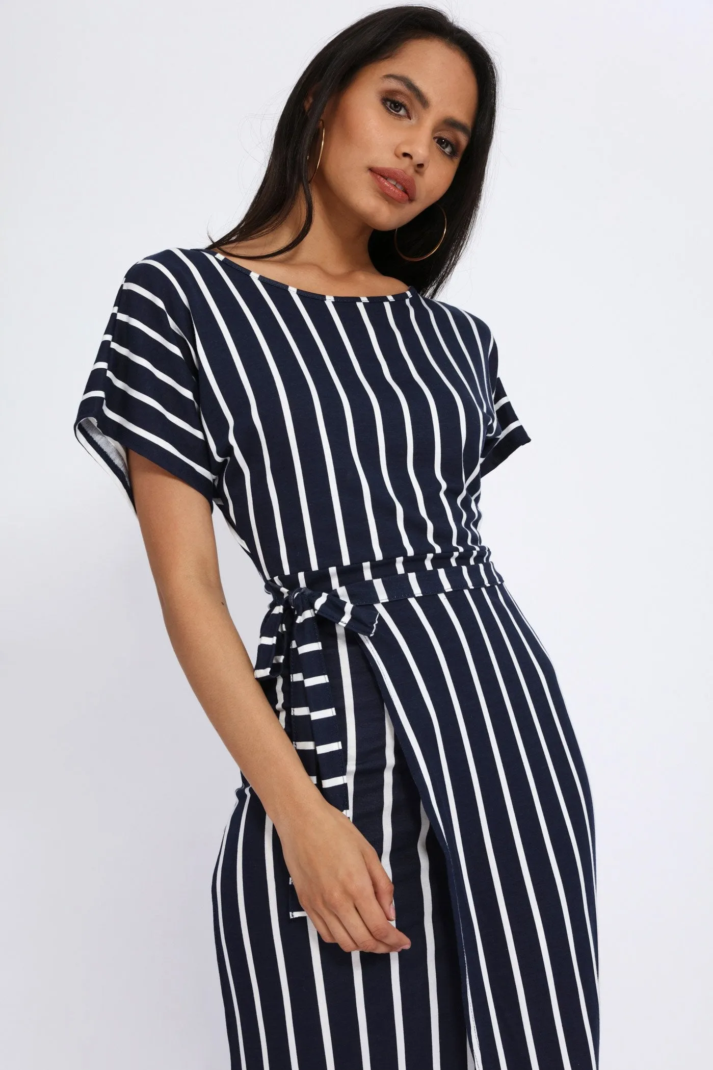 Navy Tie Wrap Loose Shoulder Maxi Dress